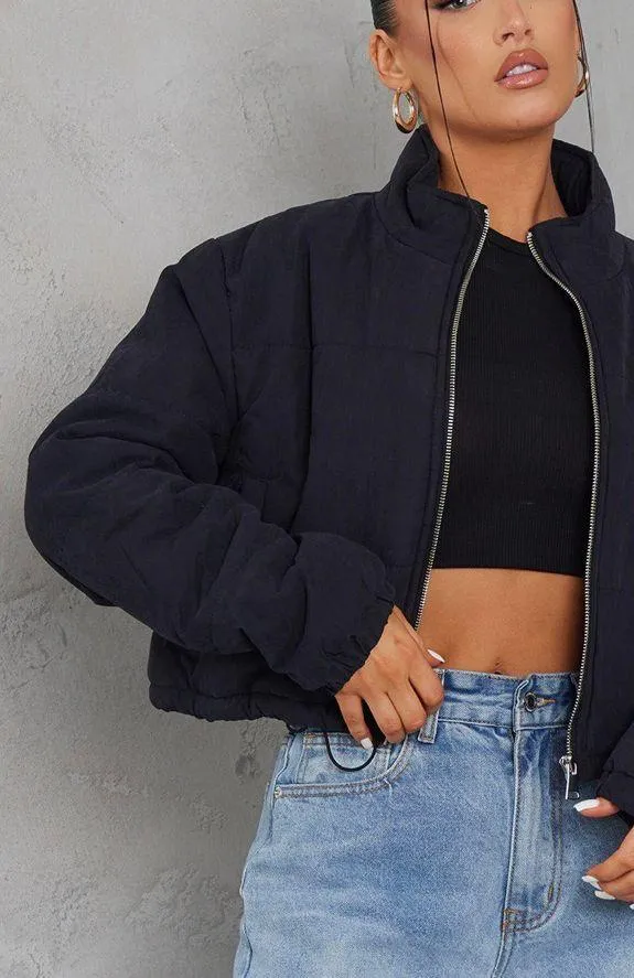 Pretty Little Thing NWT- Black Super Cropped peach Skin Puffer size medium - Image 2