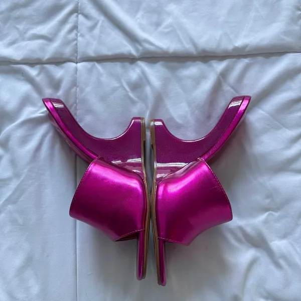 Vintage 90s Madrag Pink Architectural Wedge Sandals Sculpted Heel Mules Fuchsia - Image 4