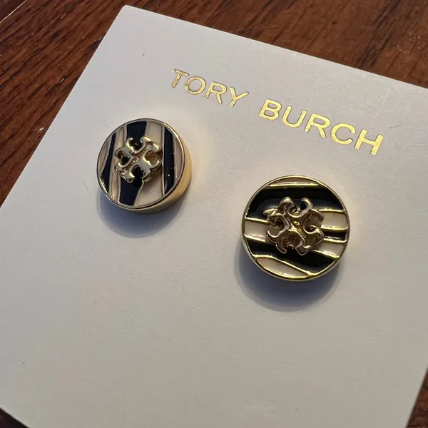Tory Burch Gold Kira Studs Zebra Black and White Earrings - Image 3