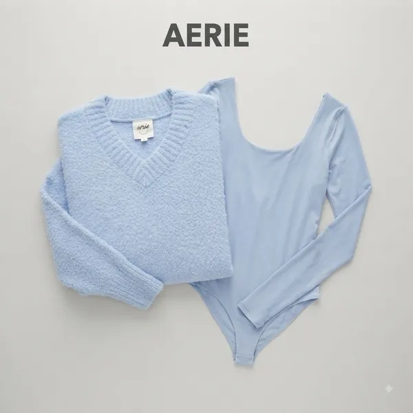 Aerie Womens Set/2 Bodysuit S Blue Fuzzy V-Neck Long Sleeve Sweater/Long Sleeve - Image 2