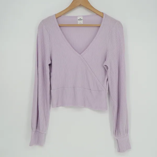 Hollister Faux Wrap Crop Top Womens L Purple Stretch V Neck Long Sleeve Ribbed - Image 2