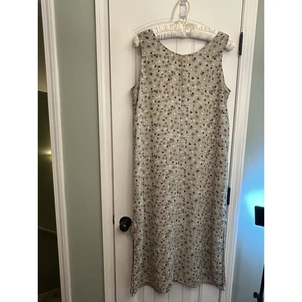 Reversible Maxi Dress L XL Floral Polka Dots Sleeveless Side Slits Tan Gray Mult - Image 4