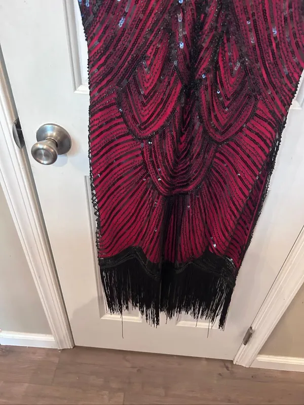 Flapper Dress 1920 Beaded/Fringed/Sequins Size L Black/Red - Image 6