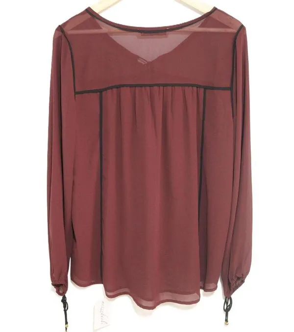 Abercrombie & Fitch Burgundy Red Black Tie Neck Long Sleeve Blouse Top Size L - Image 2