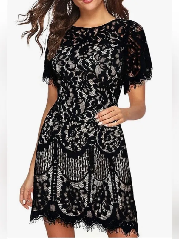MSLG Elegant Floral‎ Lace Cocktail Dress Wedding Guest V-Back Black 2XL - Image 2