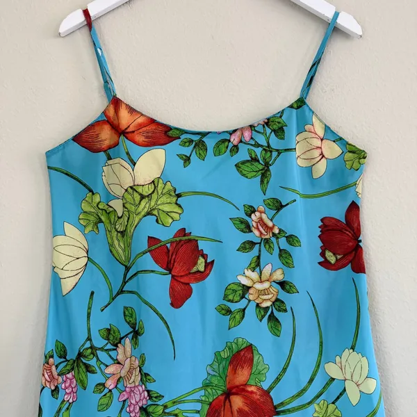Natori Floral Satin Slip Midi Dress Womens Medium Blue Chemise Nightgown‎ - Image 4