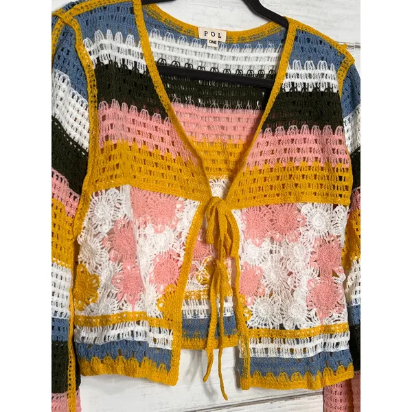 POL Crochet Tie Front Cardigan Floral Lace Striped Boho Sweater Medium - Image 6