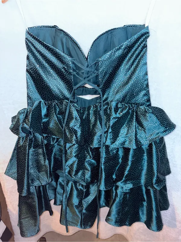 Amazon Strapless Teal Satin Polka Dot Cut Out Ruffle Dress - Image 3