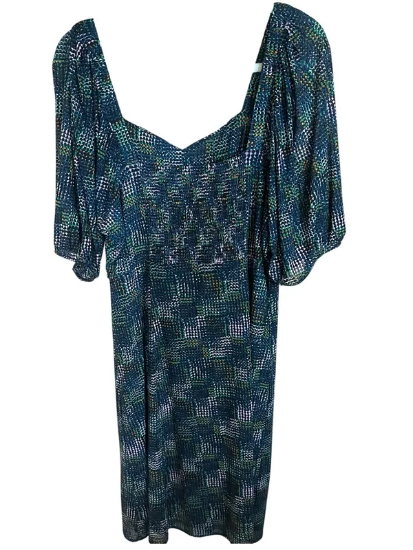 CAbi Elaine Multi Geometric Ruched Neckline,Midi Dress, Puff Sleeves, Smocking - Image 6