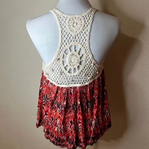 Free People Tank Top Y2K Crochet Boho Gypsy Linen Top Hippie Festival XS - Image 3