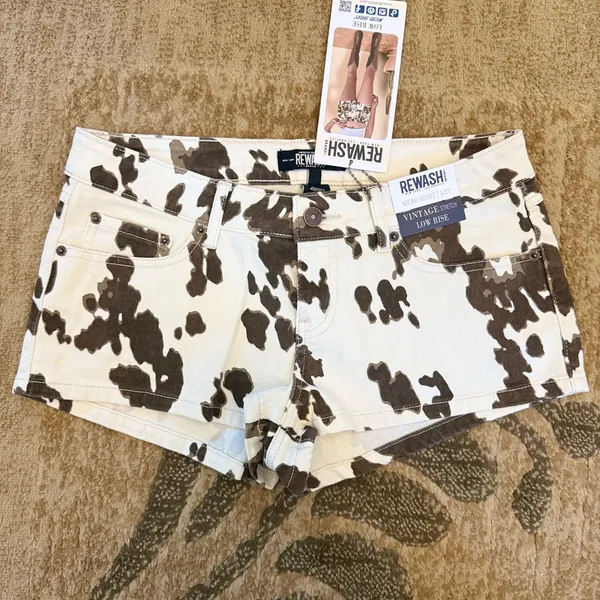 Rewash Women's Low Rise Jean Shorts - Brown and White Cow 🐮 Print - Image 2