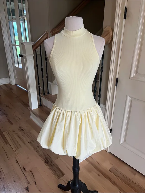 Sleeveless Pastel Yellow Bubble Hem Mini Dress Summer - Image 7