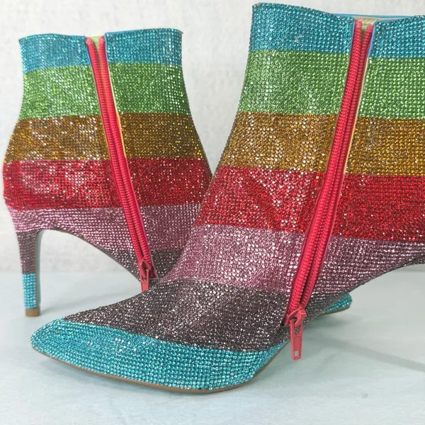 Betsey Johnson EMMY Rhinestone Ankle Boots Rainbow 8M Colorful Sparkle Stiletto‎ - Image 6
