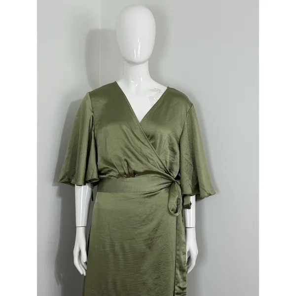 Six Stories Sage Green Satin Wrap Maxi Dress Women UK 22 Flutter Sleeve NWT $199 - Image 6