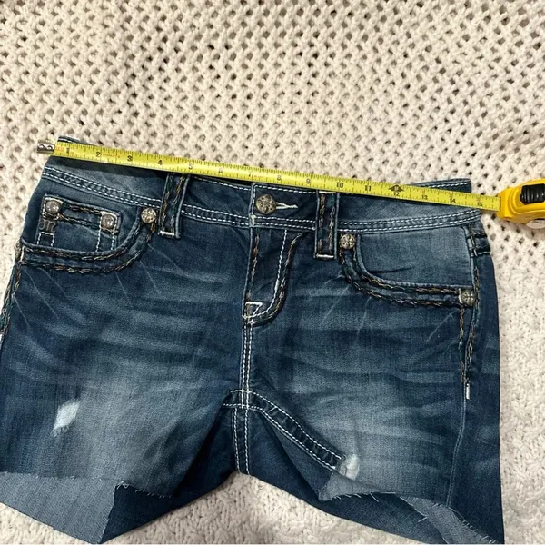 Miss Me Women Cut Off Shorts sz 27 Blue Denim Bling Distressed used to be long - Image 9