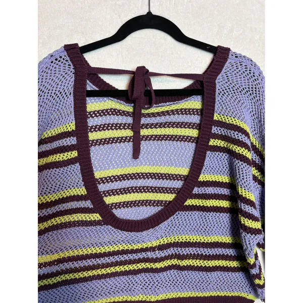 Anthropologie Striped Open Knit Cropped Sweater Open Back Tie purple L - Image 10