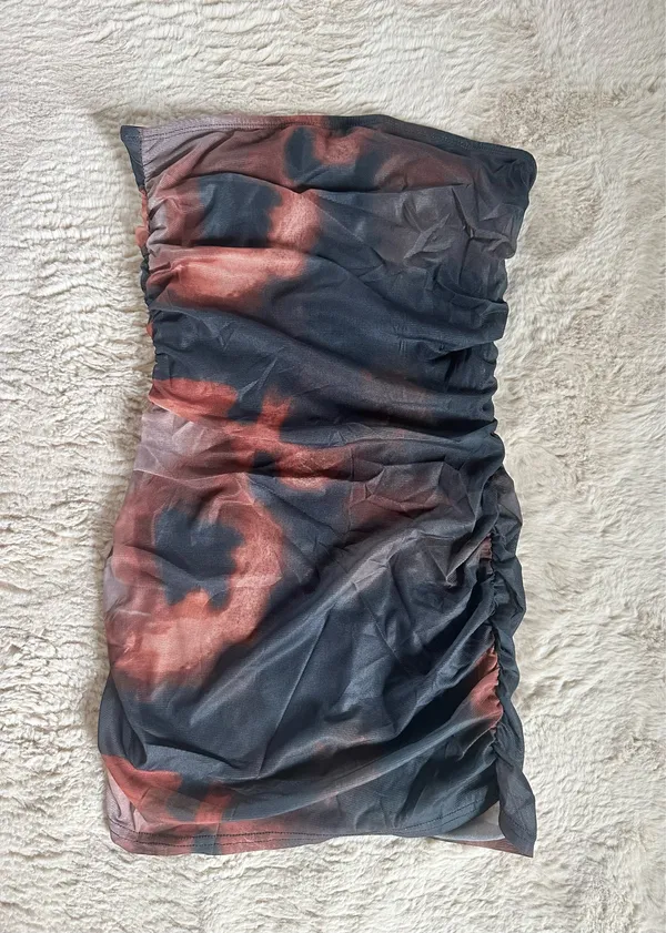 Women's Strapless Ruched Mini Dress, Lined Print Mesh - Image 3
