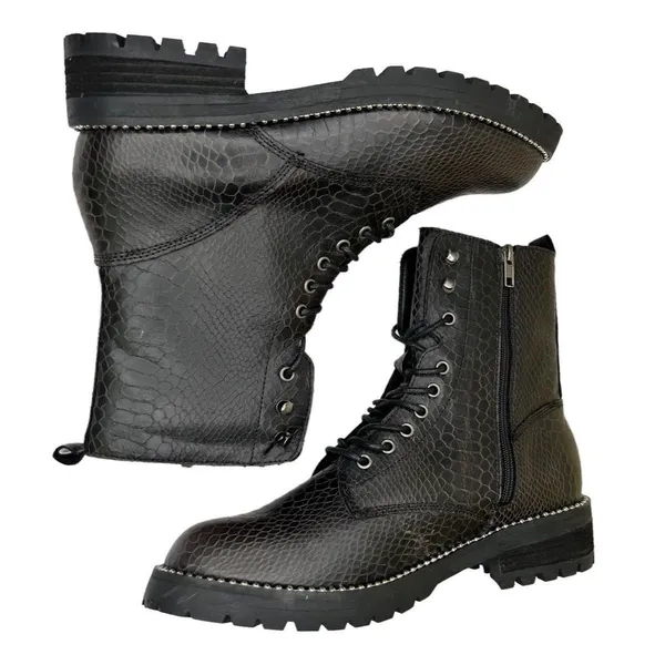 Very G Conquest Ankle Boots Black Snakeskin Block Heel‎ Lace Up Women’s Size 11 - Image 4
