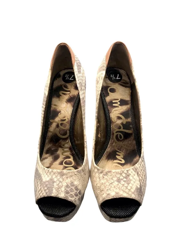 Sam Edelman "Tacoma" Taupe & Brown Leather Snakeskin Print Peep-Toe Heels - Image 8