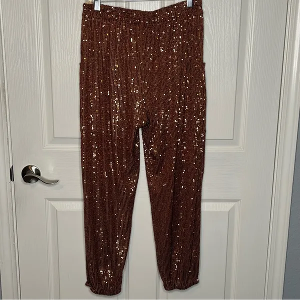 Free People Morelia Bronze Sequin Jogger Pants Sz M Shiny Sparkly Party Festival - Image 10