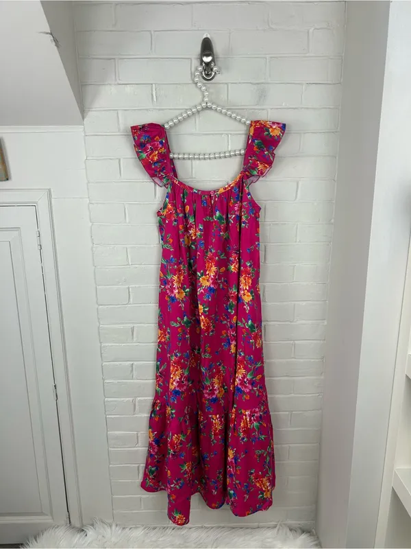 Petite Plume Pink Floral Casual Cotton Midi Dress Size M - Image 10