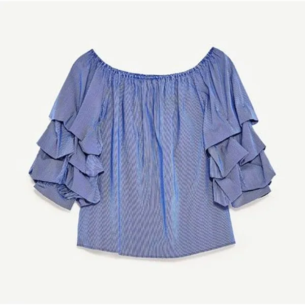 Zara Tiered Ruffle Off Shoulder Top XS Blue Pinstripe Retro European Coastal - Image 10