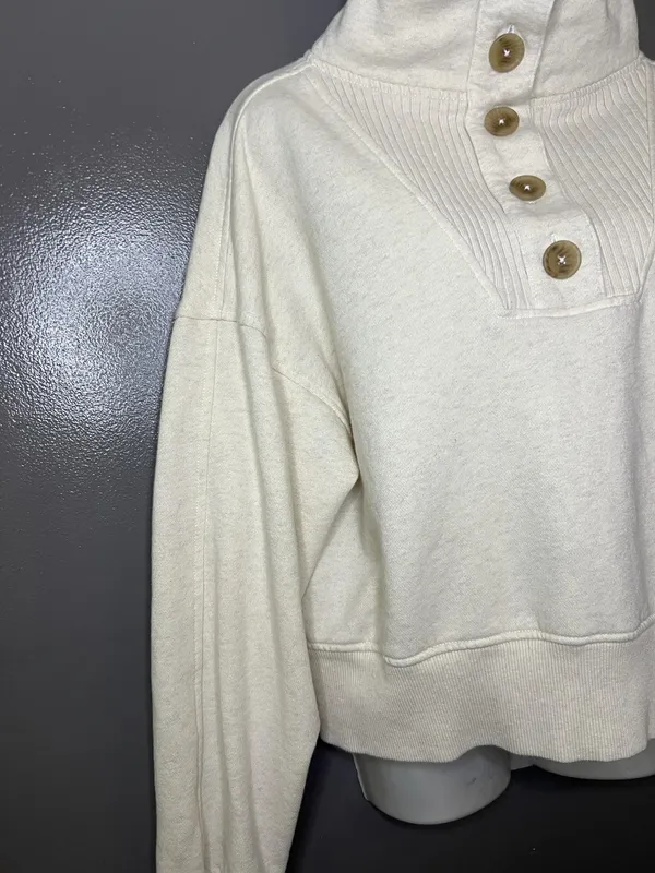 Aerie Sweatshirt Womens Medium White Button High Neck Fleece Pullover Relaxed - Image 3