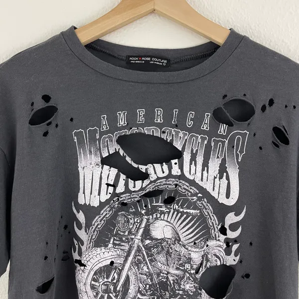 Rock Rose Couture Dark Grey American Motorcycles Distressed Cropped Graphic Tee - Image 2