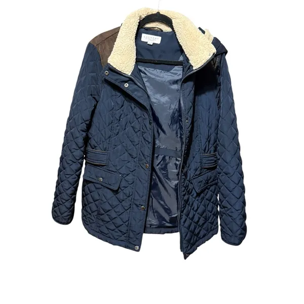 Laundry by‎ Shelli Segal Fleece-Lined Hooded Coat Navy Blue Quilted Sz L - Image 3