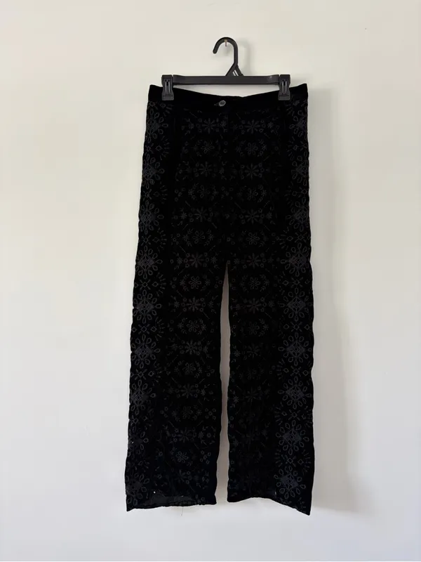 Zara Alina Black Velvet Embroidered Eyelet Wide Leg Contemporary Pant Trousers M - Image 2
