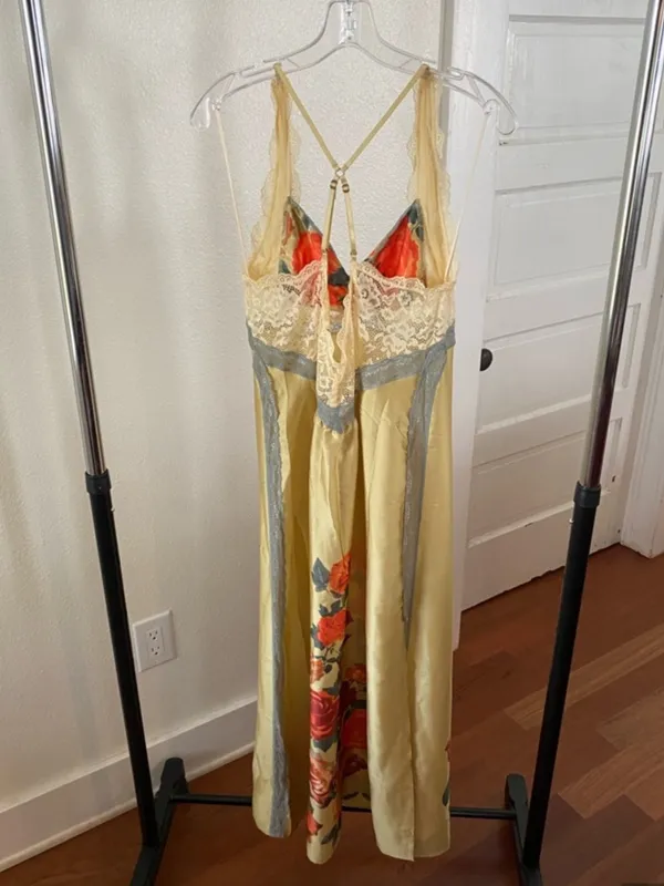 Free People Yellow Satin Floral Slip with Red Rose Accents NEW - Image 4