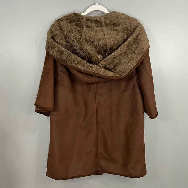 Zara Basic Womens Faux Suede Sherpa lined Hooded Trench Coat Size M 1/2 Sleeve - Image 5