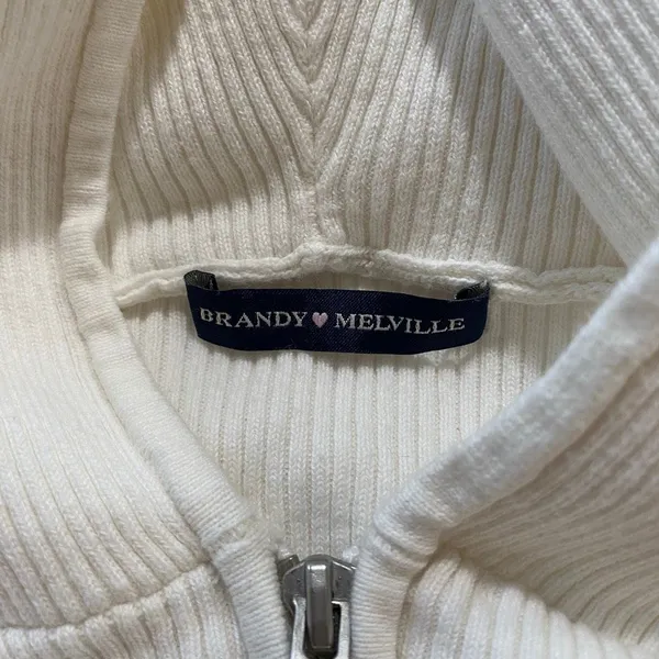 Brandy Melville Ivory Ribbed Cropped Zip Up Hoodie Fitted Y2K - Image 5