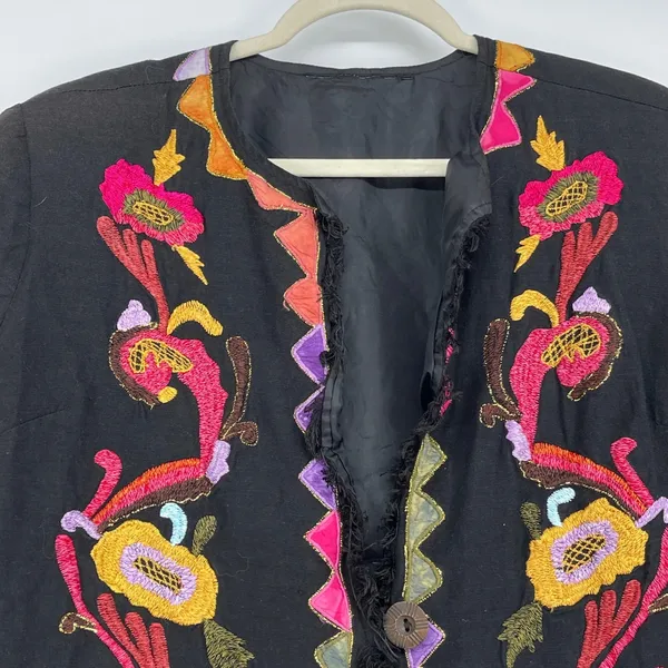 Boho Embroidered Jacket Black Open Front‎ Colorful Floral Fringe Women's Size L - Image 3