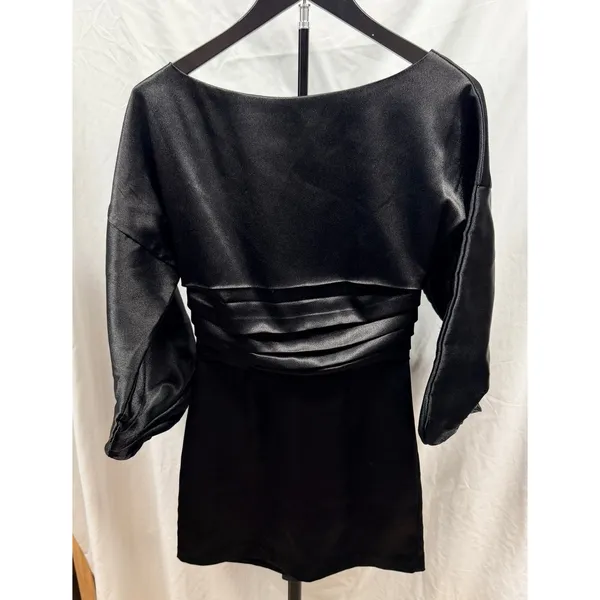 h:ours $218 Women's Cristiano Satin Puff Sleeve Pleated Mini Dress in Black Sz 0 - Image 2