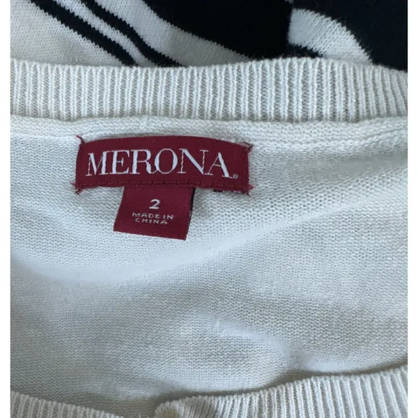 Merona Size 2 Womens Cardigan Sweater‎ Striped Long Sleeve Button Cream Black - Image 3