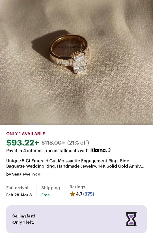Etsy Vintage Cut Gold Moissanite Ring Size 9 - Image 3