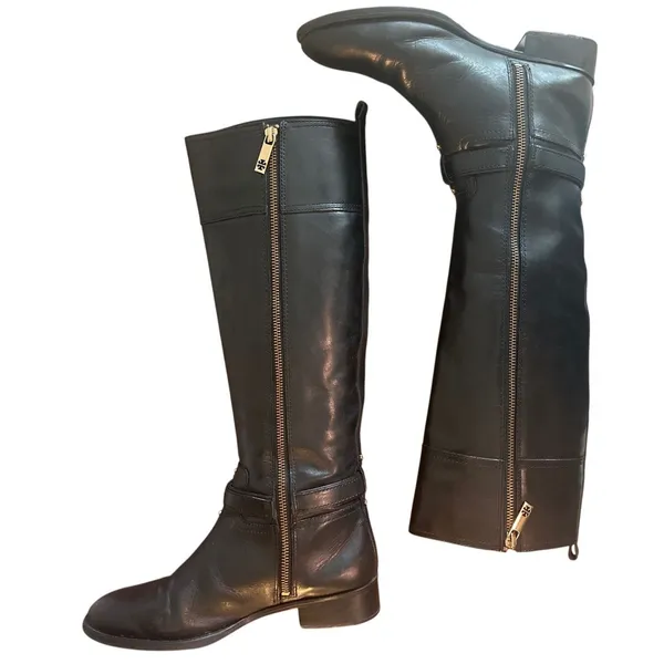 Tory Burch Black Leather Riding Boots Embossed Double T Logo Size 8 - Image 5