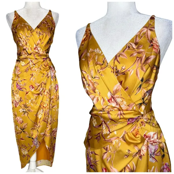NWOT Express Satin Mustard Yellow Floral Bird Twist Front Tulip Midi Dress Small - Image 2