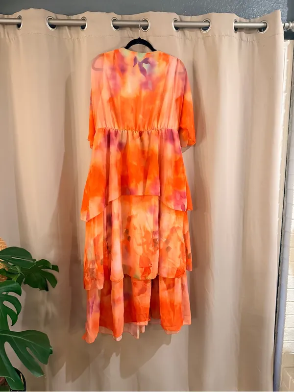 Source Unknown Orange and Pink High-Low Tiered Midi Dress - Image 2