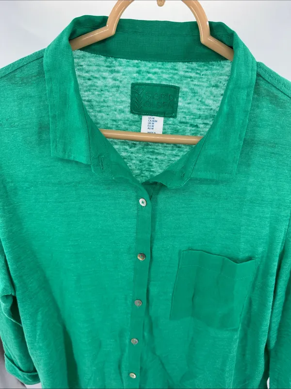 Sigrid Olsen Green Women's Lightweight 100% linen button front top M casual - Image 6