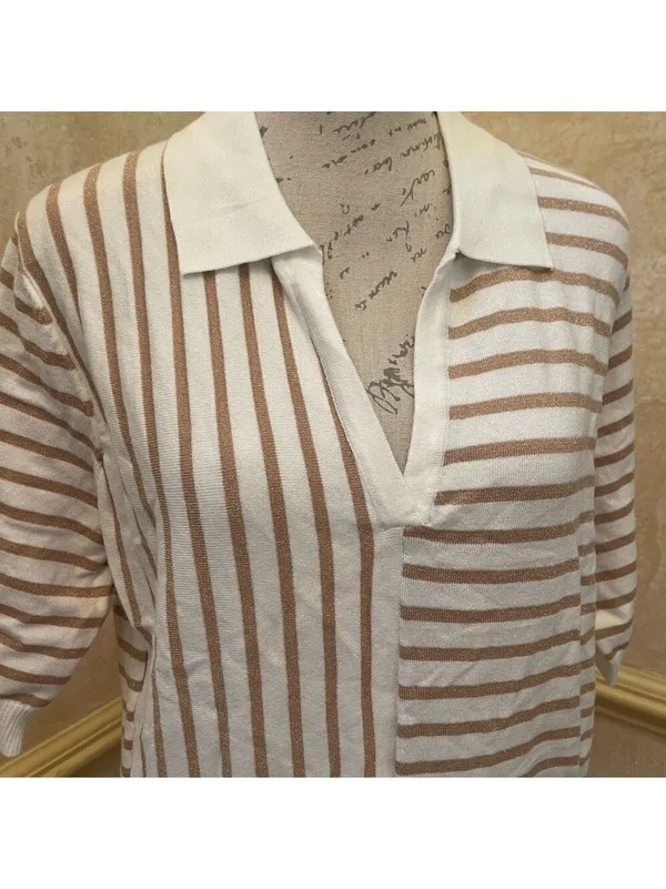 Aaeda Polo Collar Stripe Sweater Gold Metallic short sleeves Sz XL - Image 4