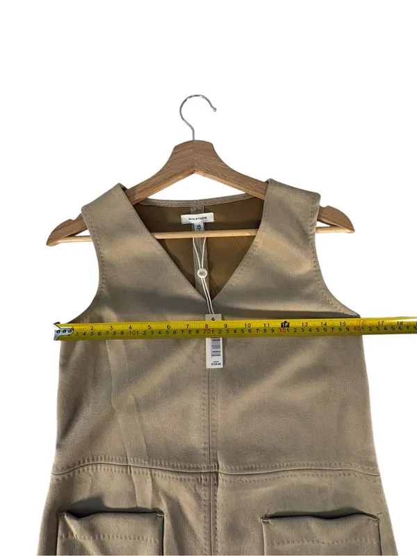 Max Studio Womens XS Faux Suede Mini Shift Dress Taupe Tan V Neck Pockets NWT - Image 9