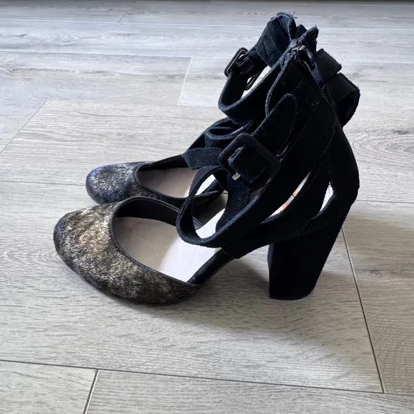 Farylrobin Size 10‎ Black Suede Calf Hair Multi Strap Block Heel Caged Pumps - Image 5