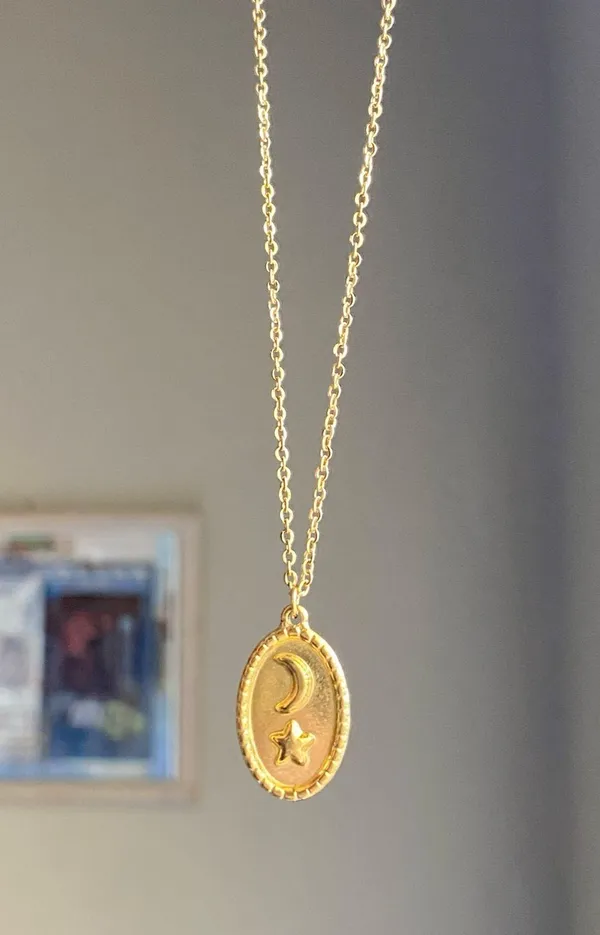 Handmade gold stainless steel celestial whimsical vintage oval moon & star necklace🌟 - Image 3