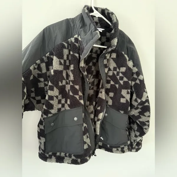 Joy Lab Oversized Checkered Loose Fit Fleece Cropped Jacket Black Green Size M L - Image 5