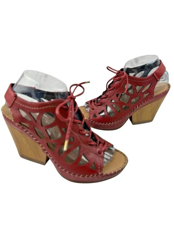 *Lobo Solo Red Leather Sandals Womens Size US Size 9 Lace Up Boho Laser Cut Out - Image 3