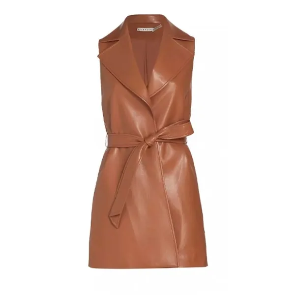 Alice +‎ Olivia NWT Rozlynn Camel Vegan Leather Belted Vest Mini Dress XS - Image 7