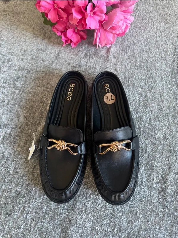 BCBG Black Leather Mules with Gold Knot Detail - Image 7