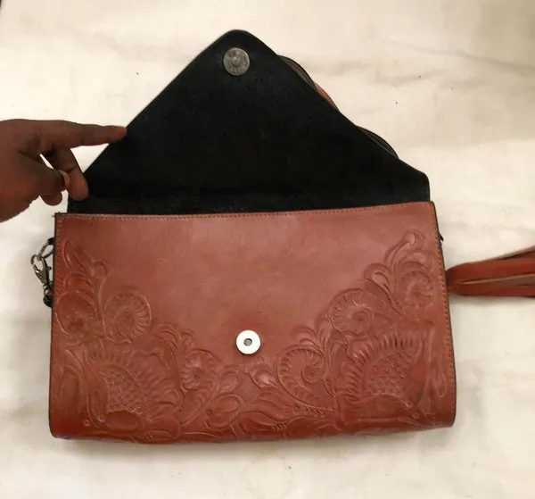 Vintage Red-brown genuine leather saddle shoulder crossbody clutch bag purse with tooled engraved minimalist floral design and crossbody messenger straps - perfect for a boho, western, or hippie look Measurement in pics - Image 3
